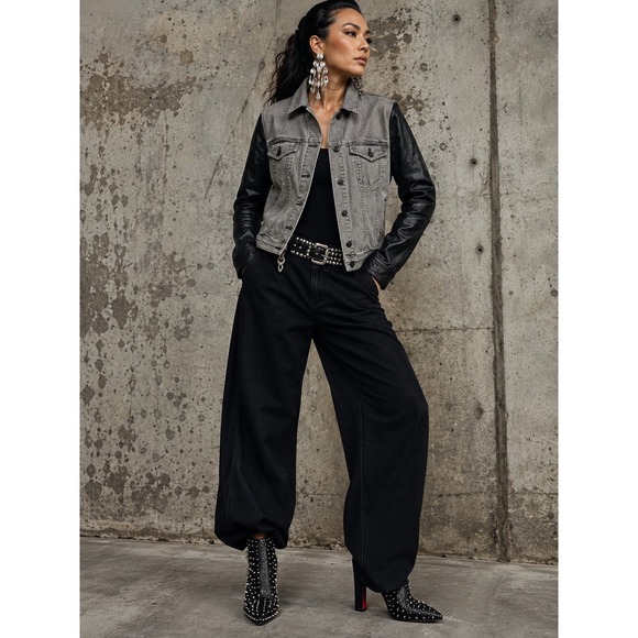 rag & bone Jackets & Blazers - Rag & Bone JEAN Mixed Media Denim Leather Sleeve Jacket Grey Black W1402K302 L